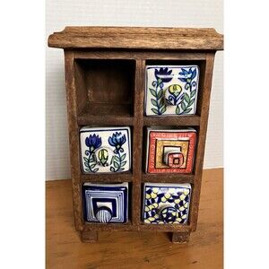 Wooden Chest Apothecary Spice Jewelry 5 Ceramic Drawers Read